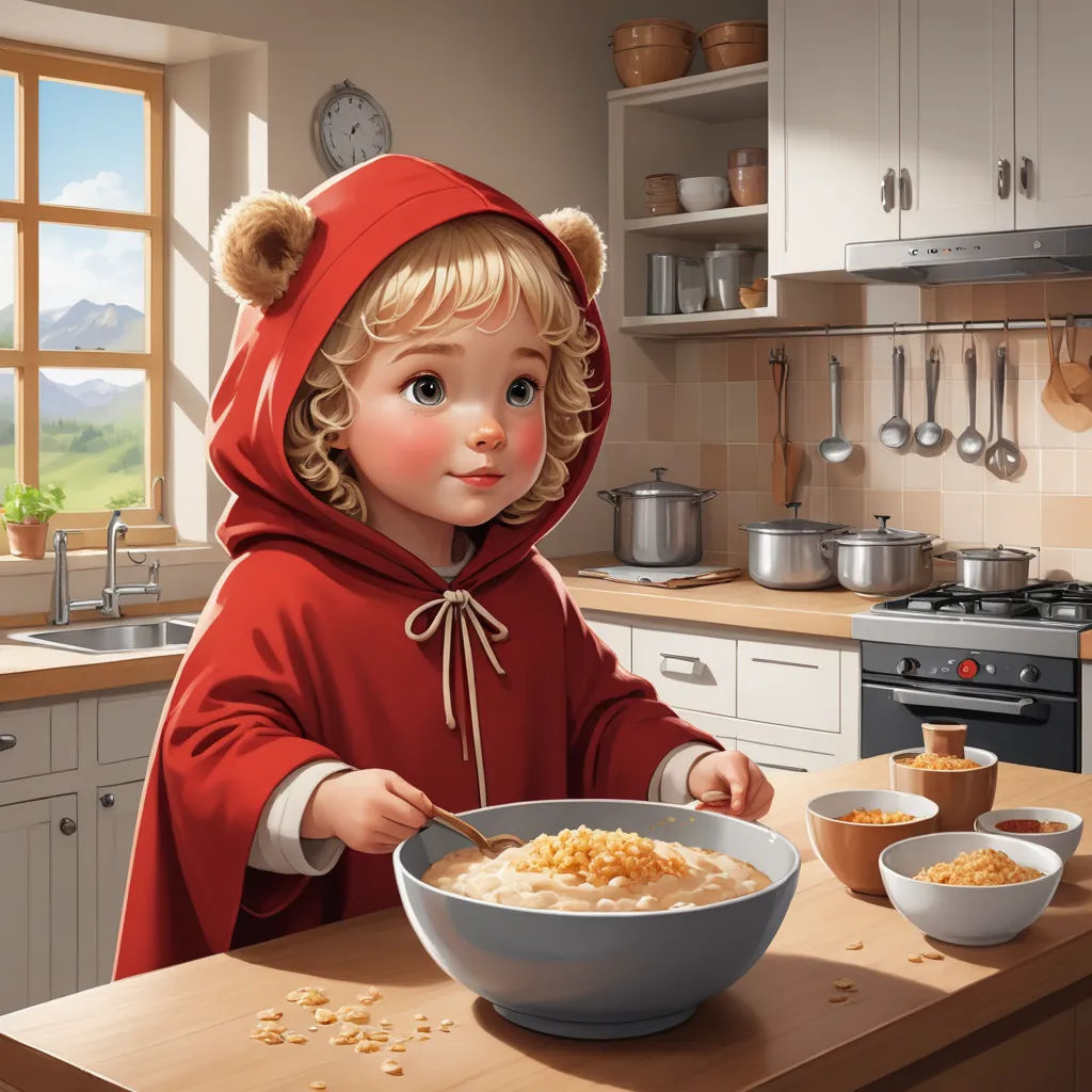 a little girl in a red hoodie is eating cereal in a bowl with a spoon in her hand, photorealism, a storybook illustration, Cliff Childs, storybook illustration
