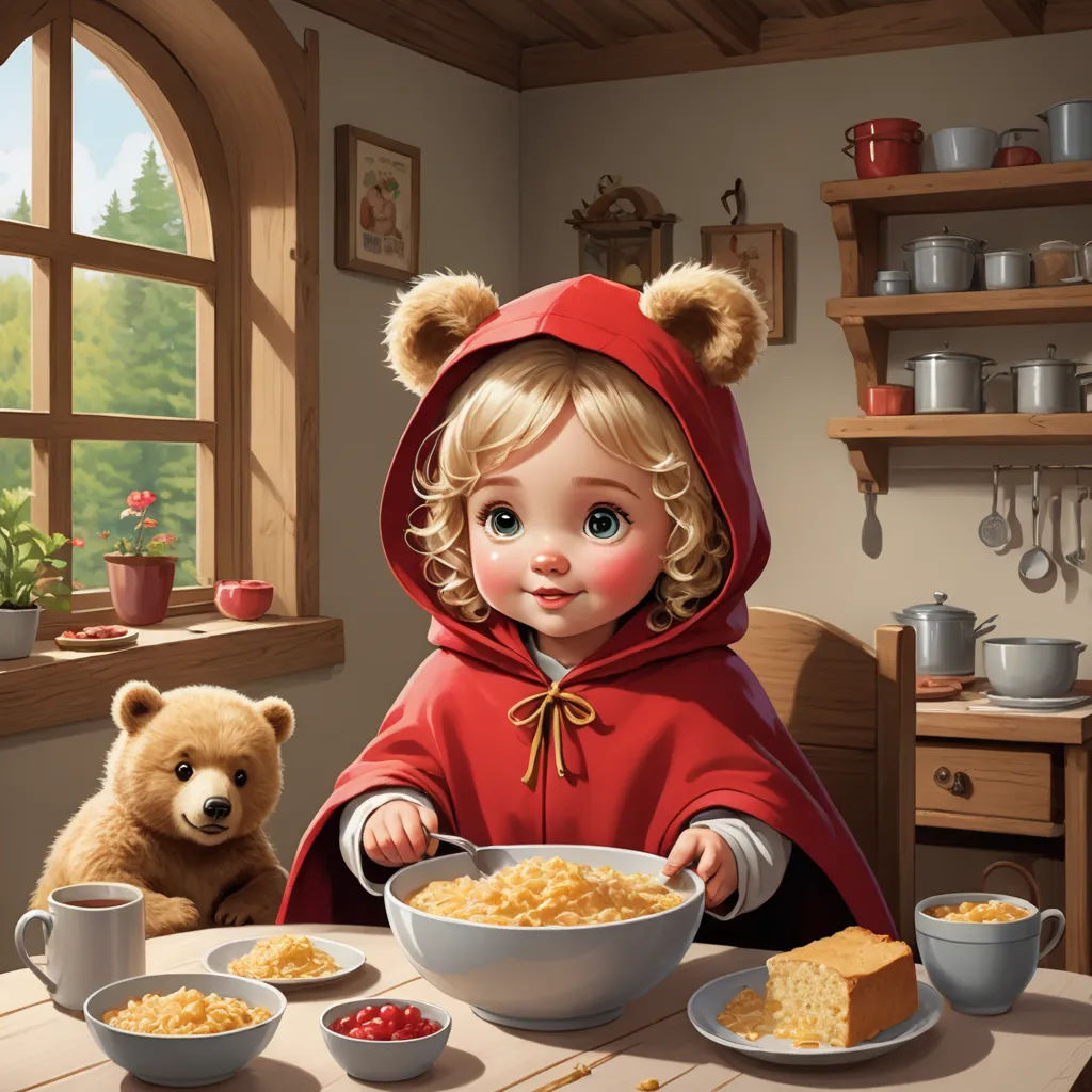 a painting of a little girl eating cereal with a teddy bear sitting beside her on a table with a teddy bear, fantasy art, a storybook illustration, Bob Byerley, storybook illustration