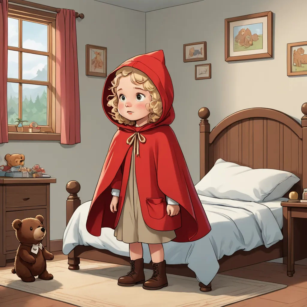 a little girl in a red cape standing in a bedroom with a teddy bear on the floor and a bed, magical realism, a storybook illustration, Clarice Beckett, storybook illustration