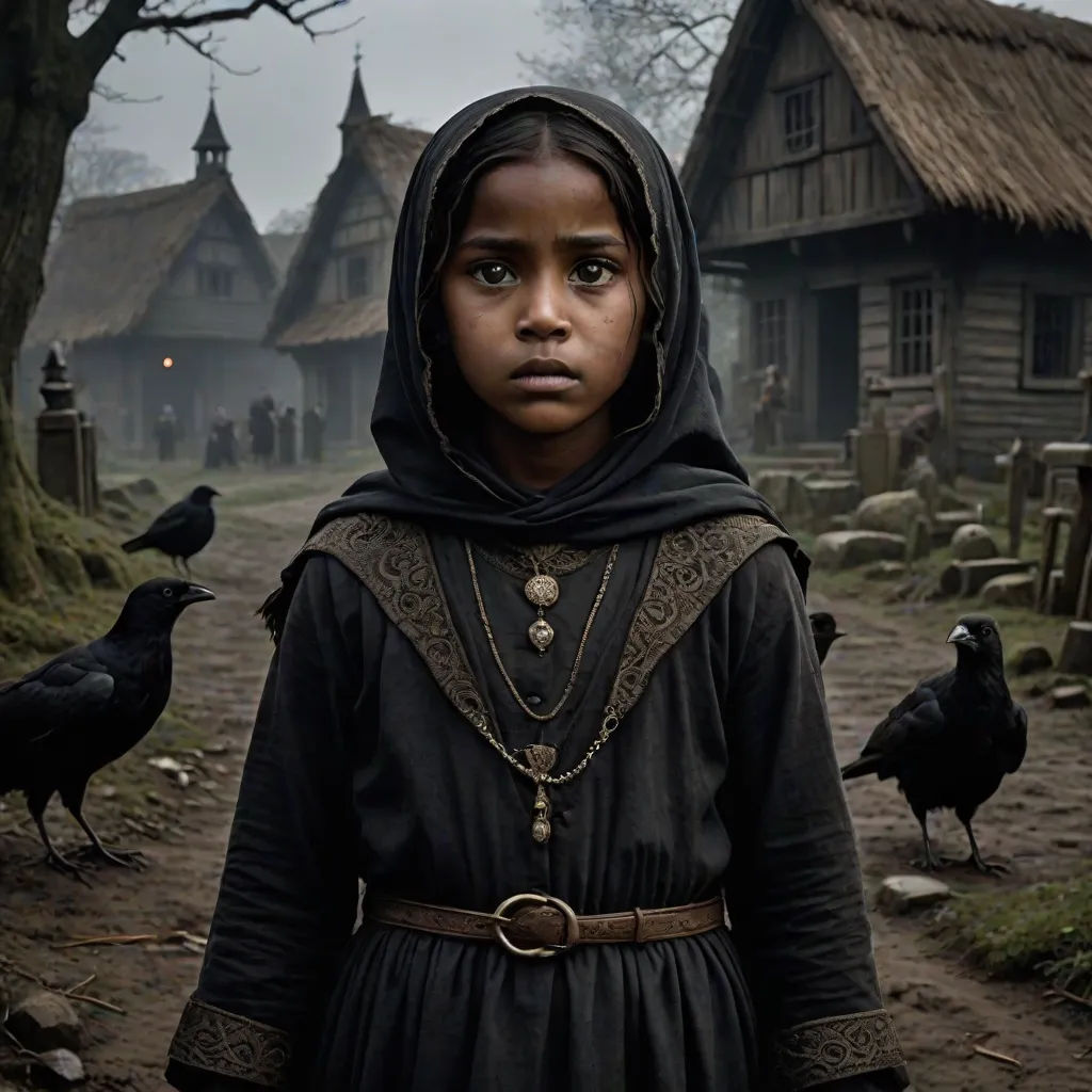a young girl in a black dress standing in front of a group of crows in a village with a thatched roof, visual art, a detailed matte painting, Betye Saar, promotional image