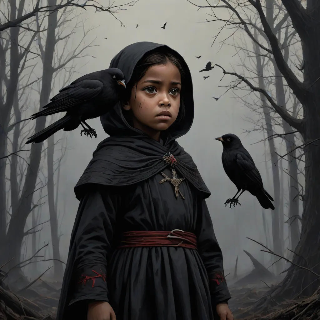 a painting of a girl with two crows on her head and a crow on her shoulder, in a forest, gothic art, a detailed painting, Dirk Crabeth, dark art