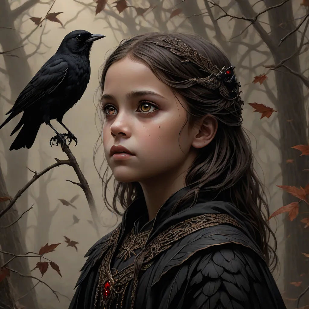 a painting of a girl with a crow on her shoulder and a tree in the background with leaves on it, gothic art, a detailed painting, Charlie Bowater, highly detailed digital painting