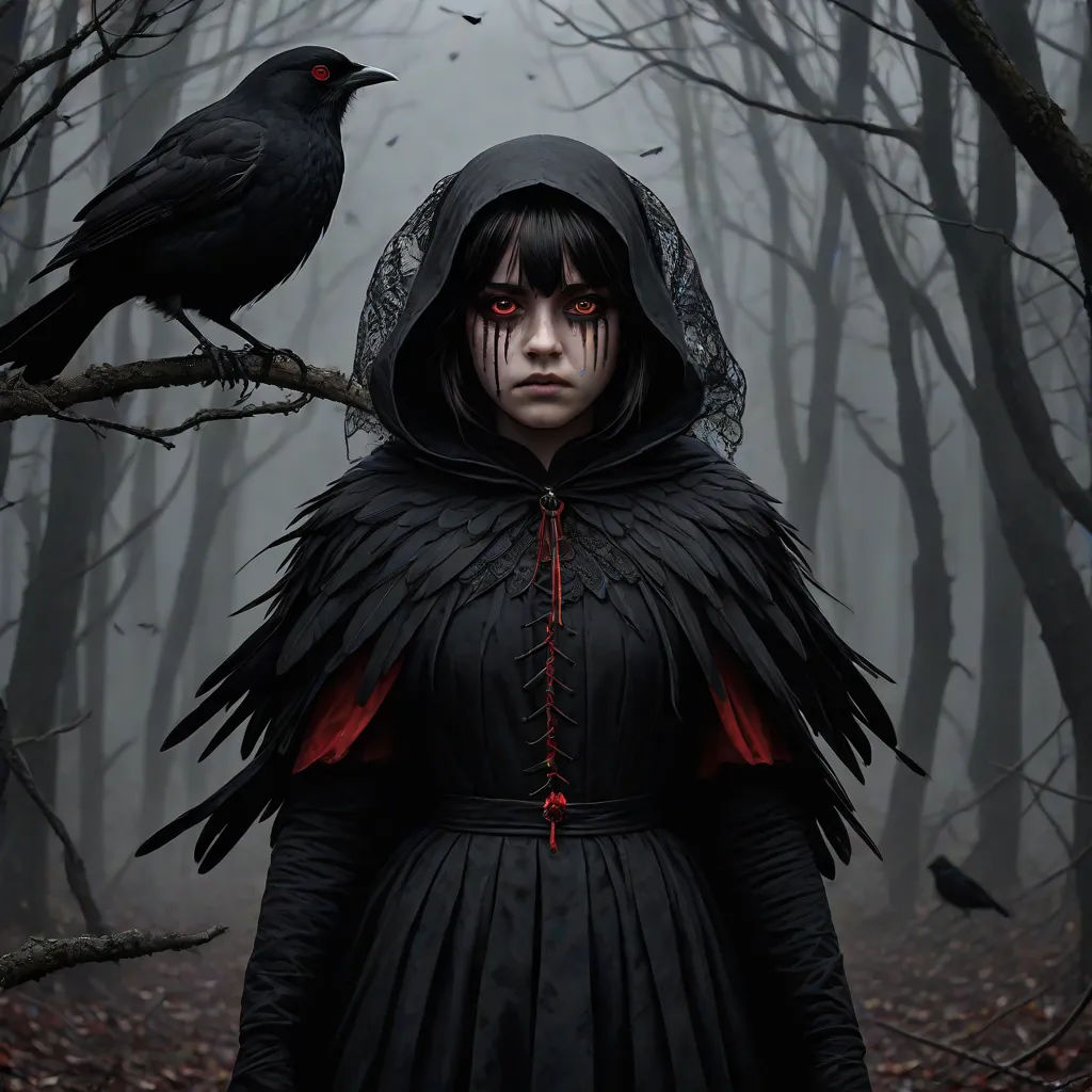 a woman in a black dress and a black bird on her shoulder in a forest with trees and leaves, gothic art, a character portrait, Dirk Crabeth, dark fantasy art