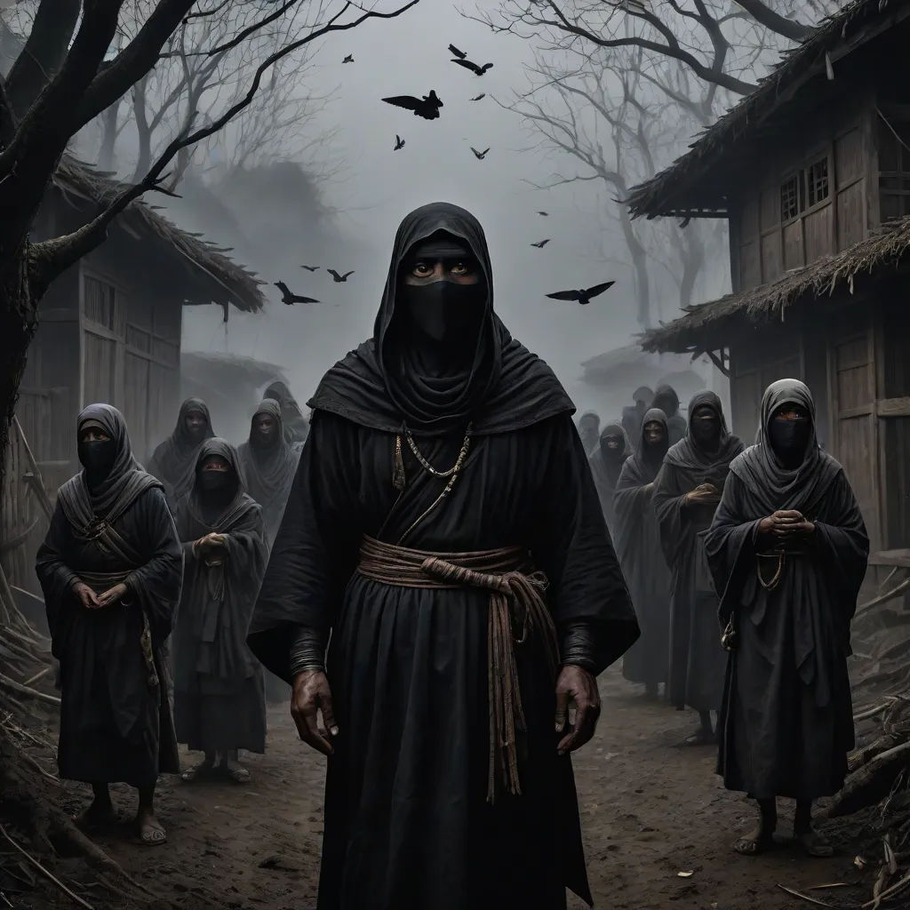 a group of people in black robes and bats flying over them in a dark forest with a man in a black robe, antipodeans, a detailed matte painting, Dirk Crabeth, dark art