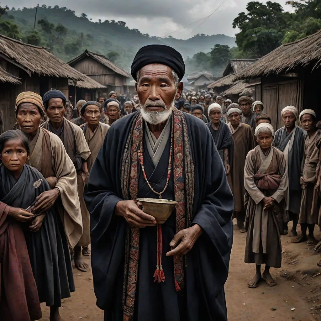 a man with a beard and a long black robe stands in front of a group of people in a village, sumatraism, a character portrait, Fang Congyi, award-winning photograph