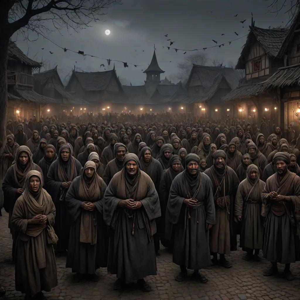 a group of people standing in a street at night with a full moon in the background and a dark sky, antipodeans, a detailed matte painting, Artur Tarnowski, cinematic matte painting