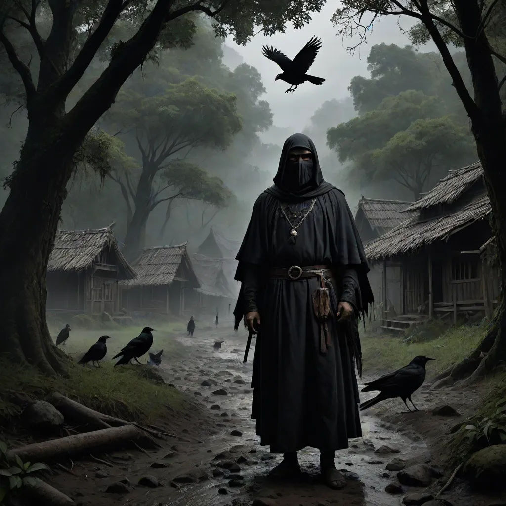 a man in a black robe and a crow flying over him in a forest with a village in the background, gothic art, a matte painting, Dirk Crabeth, epic fantasy character art