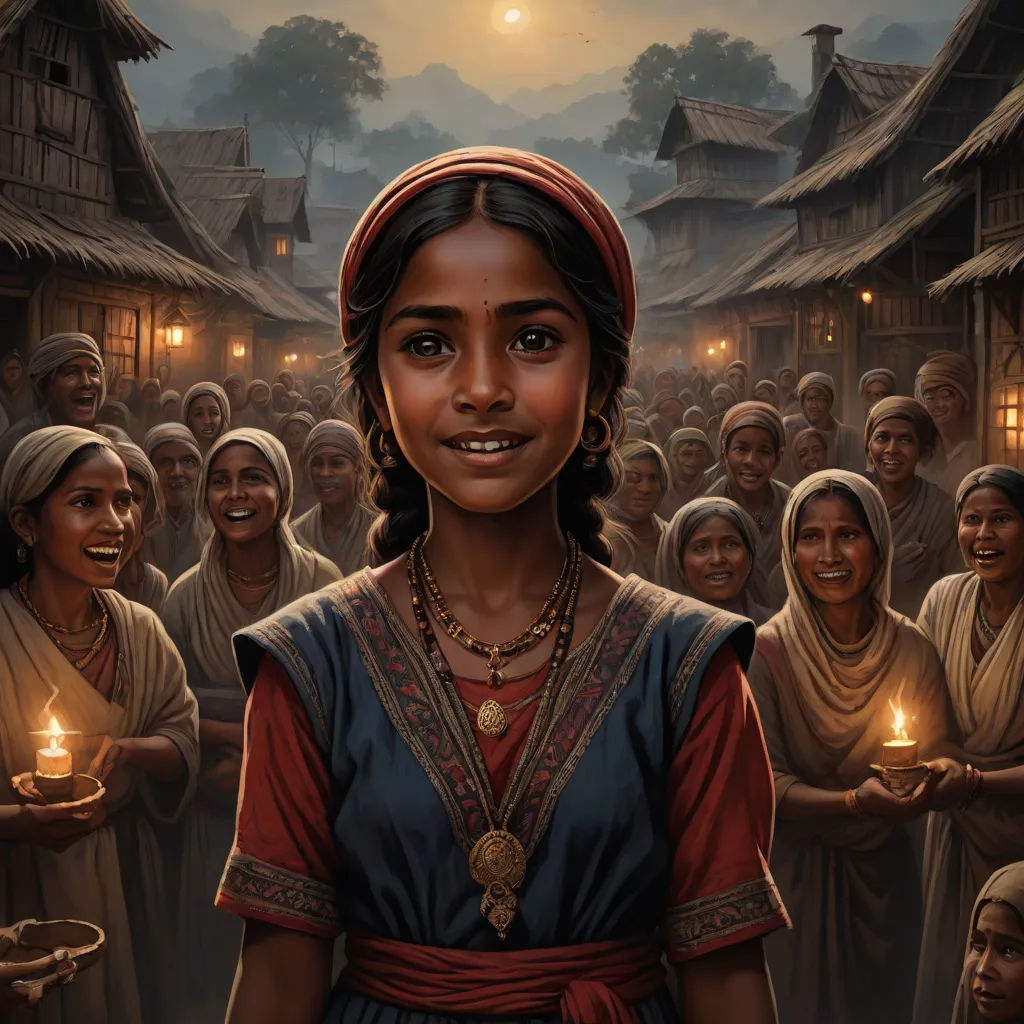 a painting of a woman holding a candle in front of a crowd of people in a village at night, magical realism, a detailed painting, Brad Kunkle, magic the gathering artwork
