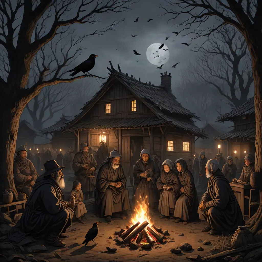 a painting of a group of people sitting around a fire pit in front of a house with bats flying overhead, fantasy art, a detailed matte painting, Dan Mumford, dark fantasy art