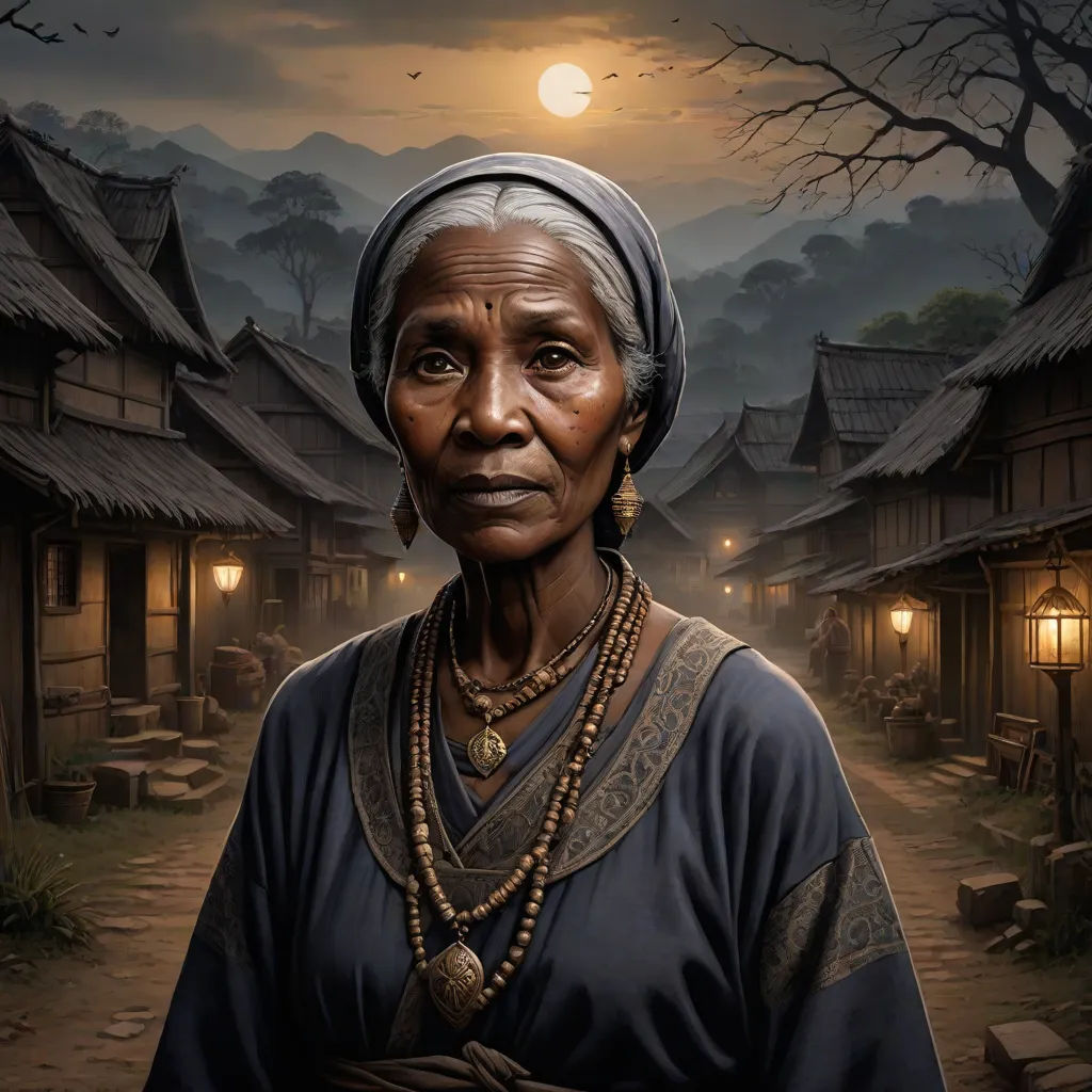 a painting of a woman in a village at night with a full moon in the background and a full moon in the sky, fantasy art, a character portrait, Bastien Lecouffe-Deharme, fantasy character portrait