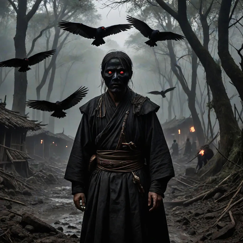 a man in a black mask and a black robe with red eyes stands in a forest with crows flying overhead, dau-al-set, a detailed matte painting, Fang Congyi, dark art