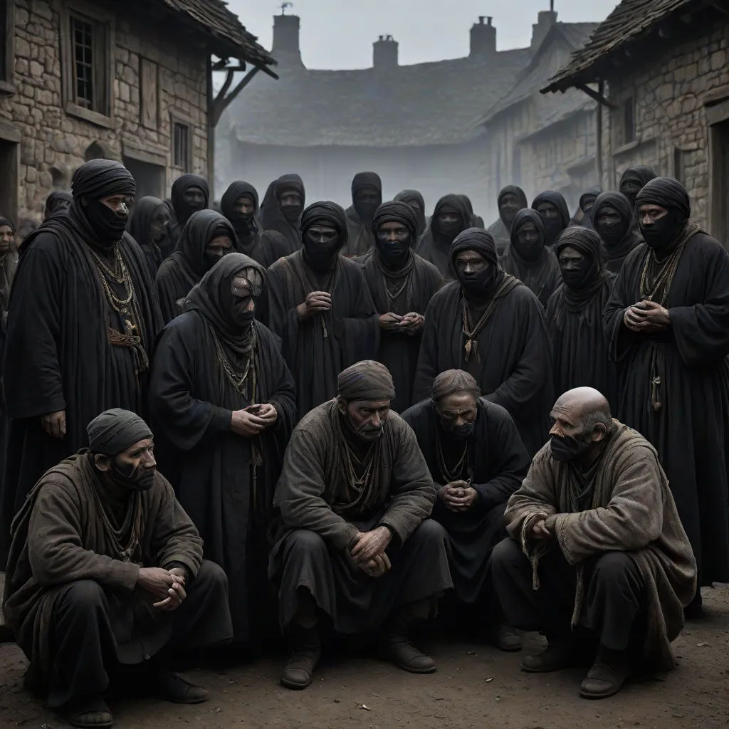 a group of people in black clothing standing in front of a building with a foggy sky behind them, antipodeans, a detailed matte painting, Andrei Rublev, promotional image