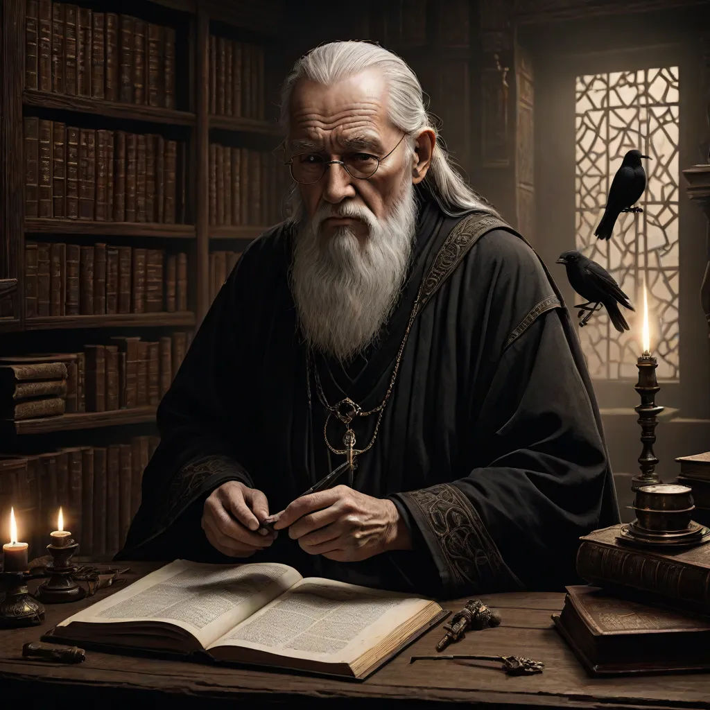 a man with a long beard sitting at a table with a book and a crow on it, in front of a bookcase, gothic art, a detailed matte painting, Artur Tarnowski, epic fantasy character art