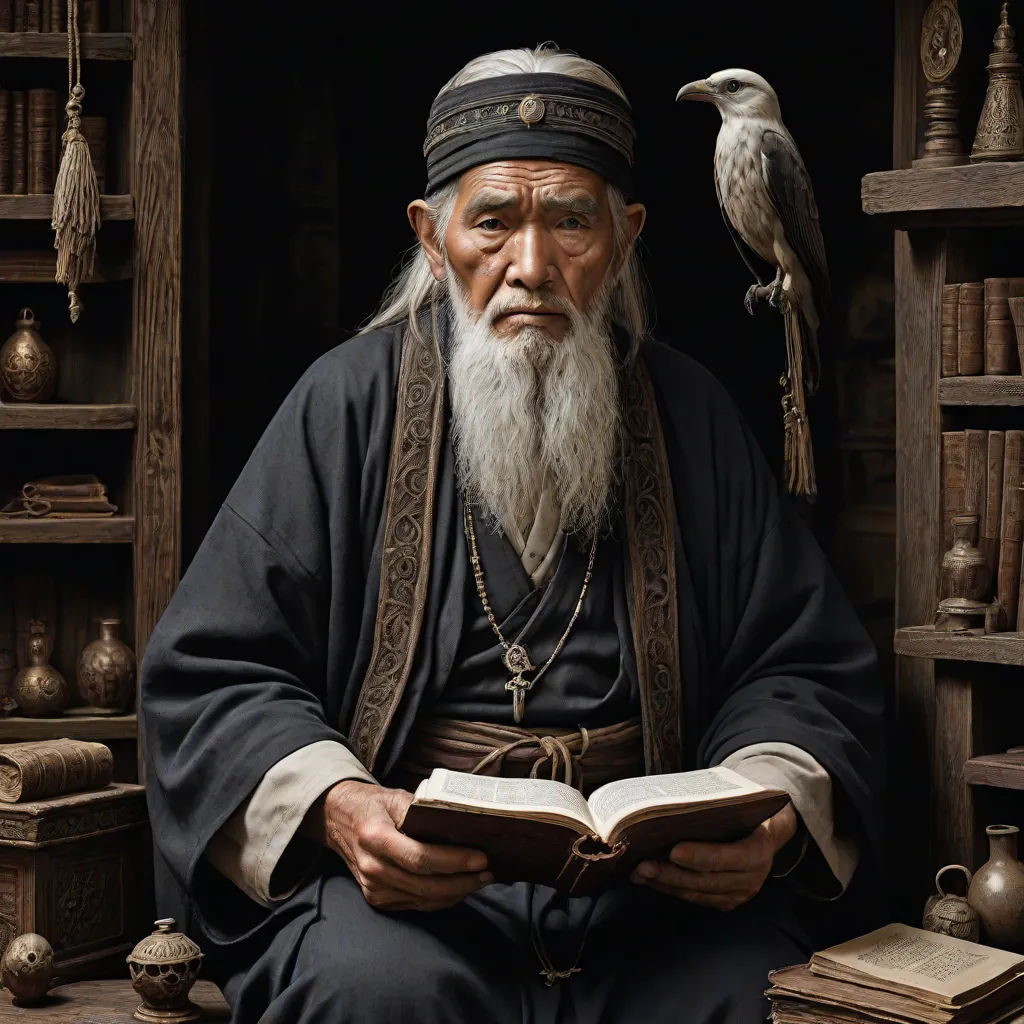 a man with a long beard sitting in a room with books and a bird on his shoulder and a crow on his shoulder, photorealism, a photorealistic painting, Arkhip Kuindzhi, highly detailed oil painting