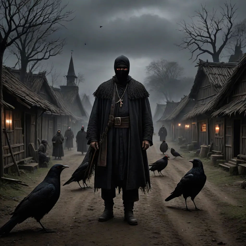 a man in a black outfit standing in a village with crows on the ground and a dark sky in the background, gothic art, a detailed matte painting, Artur Tarnowski, dark art