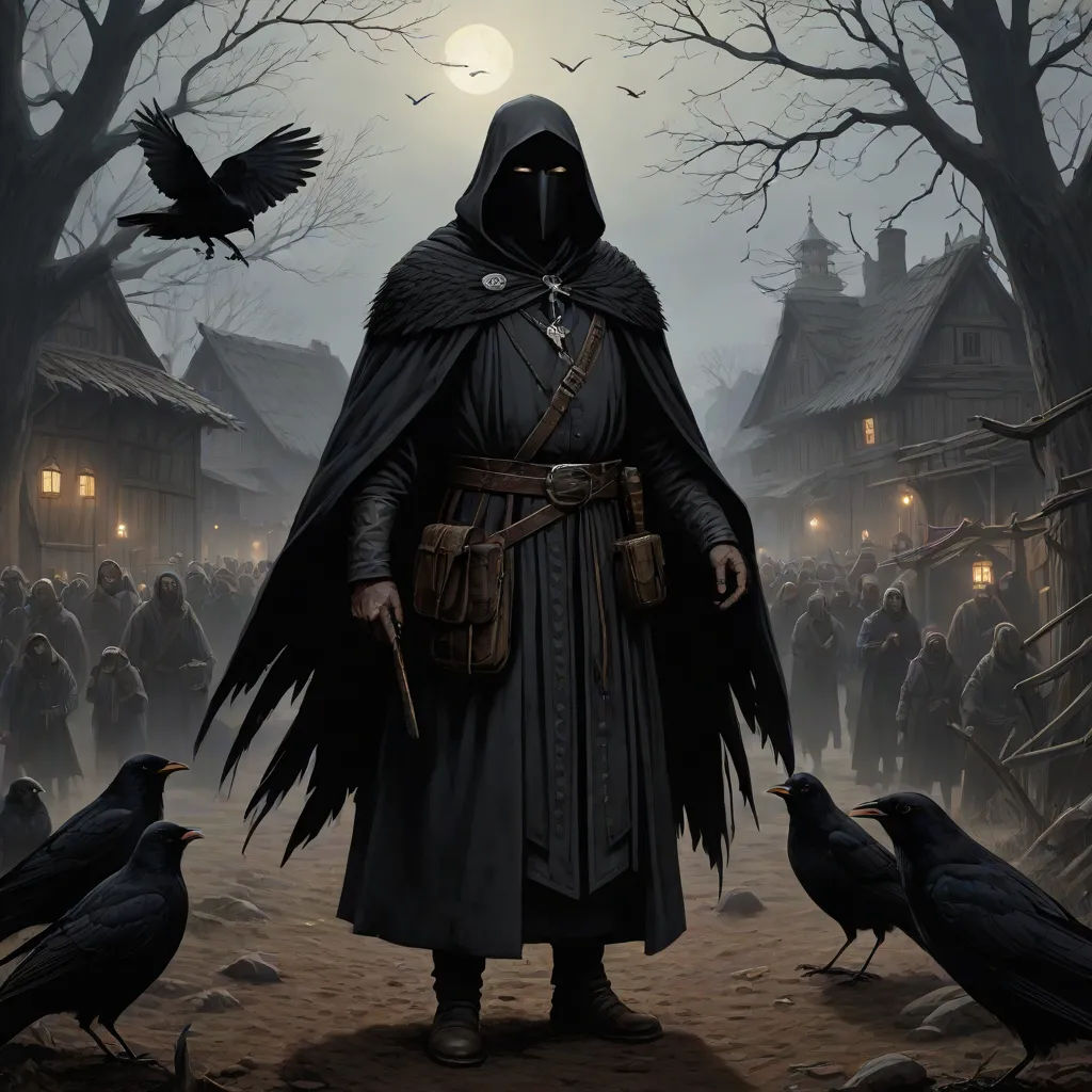 a man in a hooded outfit standing in front of a group of crows in a village at night with a full moon, fantasy art, a detailed matte painting, Andreas Rocha, epic fantasy character art