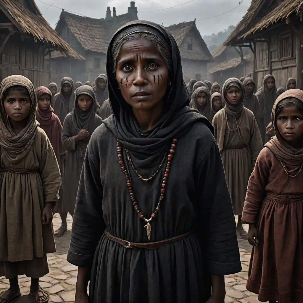 a group of people standing in front of a village with a woman in a black dress and a man in a brown outfit, photorealism, a detailed matte painting, Dirk Crabeth, weta digital