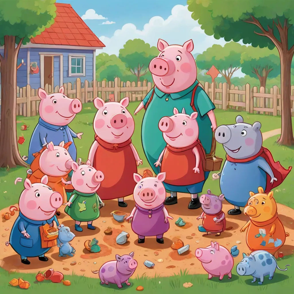 a group of pigs standing in a yard with a man and a woman in the background and a fence, sots art, a storybook illustration, Avgust Černigoj, promotional image