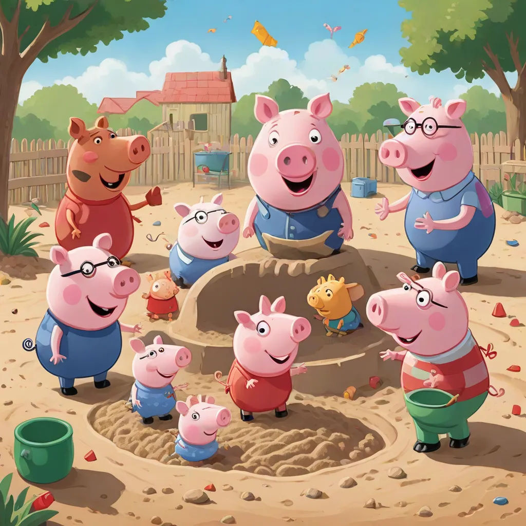 a group of pigs standing around a hole in the dirt with a pig in the middle of it and a pig in the middle of the picture, sots art, a storybook illustration, David Young Cameron, official art
