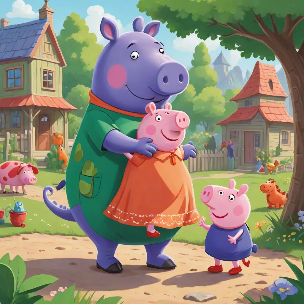 a pig and her two babies are in a cartoon scene with a house and trees in the background and a pig holding a pig, sots art, a storybook illustration, Avgust Černigoj, official art