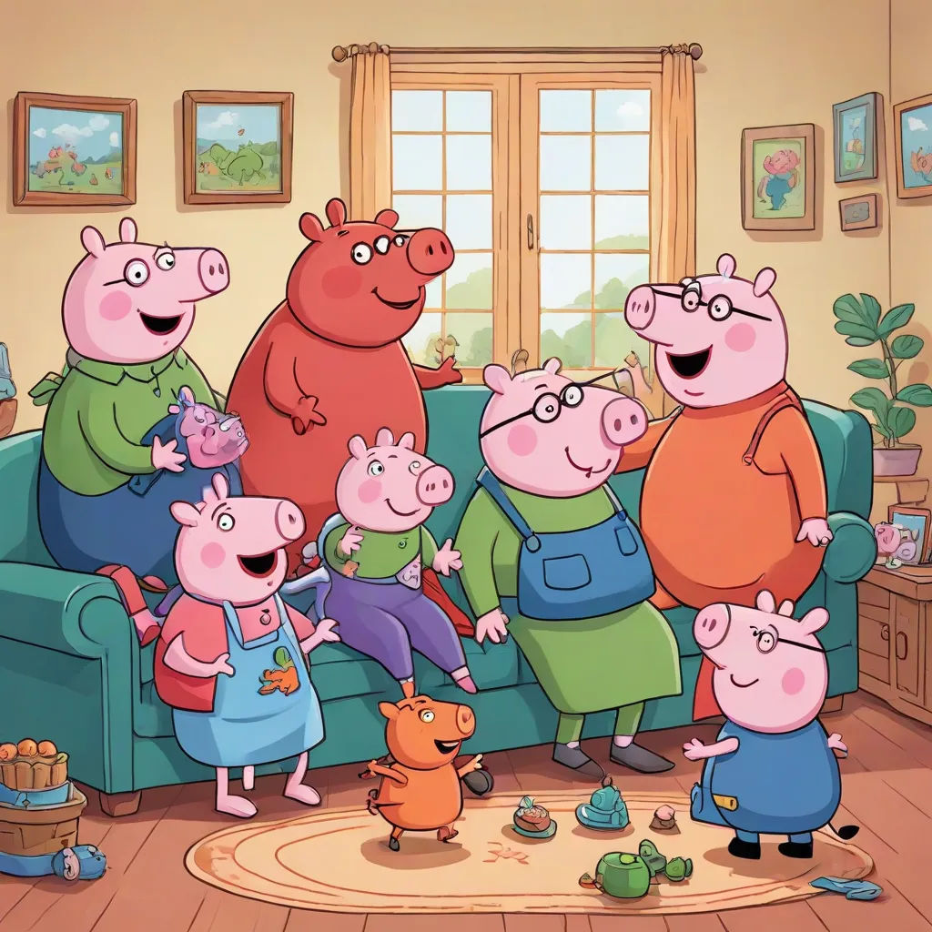 a family of peppo pig standing in a living room with a dog and a cat on the floor, sots art, a picture, Avgust Černigoj, promotional image