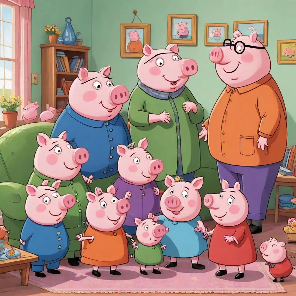 a family of pigs standing in a living room with a man and two women and two children in the background, sots art, a screenshot, Avgust Černigoj, promotional image