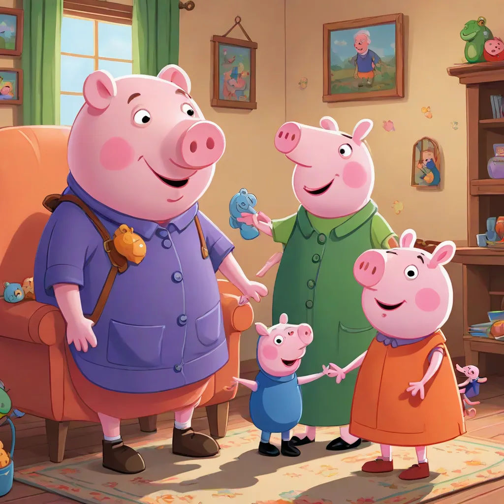 a family of pigs standing in a living room with a baby pig on the other side of the pig, sots art, a storybook illustration, David Young Cameron, promotional image