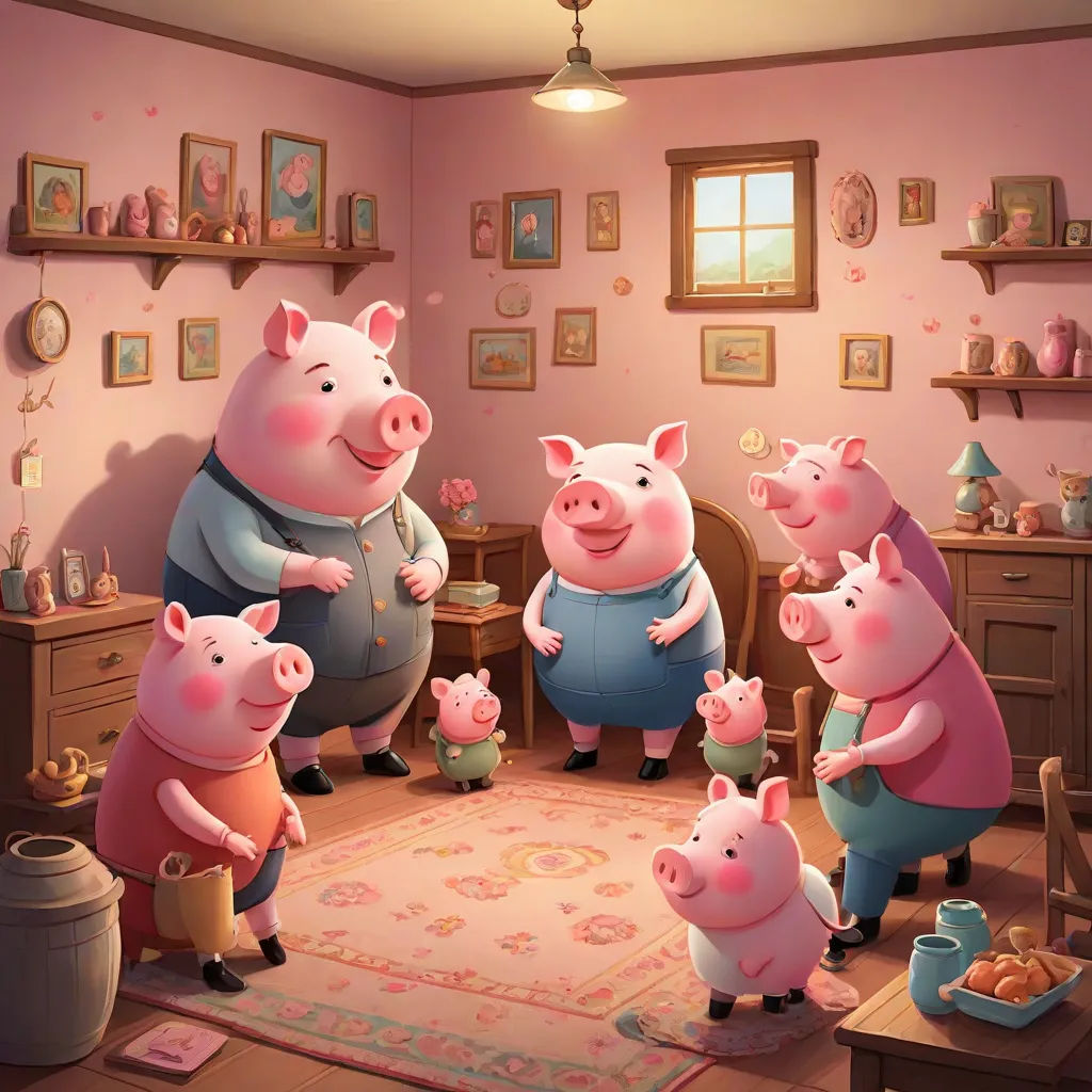 a group of pigs standing in a room with a rug and a rug on the floor and a rug on the floor, sots art, a storybook illustration, Chris LaBrooy, official art