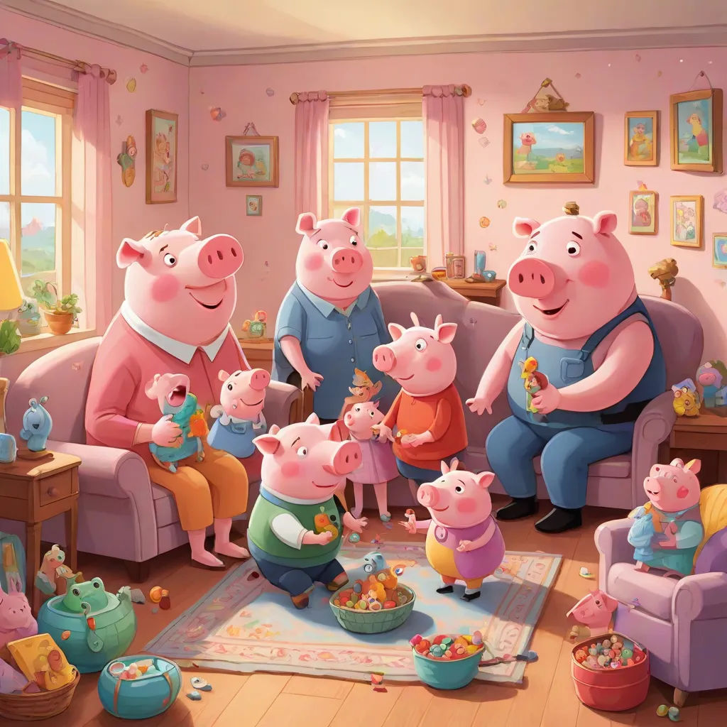 a family of pigs sitting on a couch in a living room with a baby in the center of the room, sots art, a storybook illustration, Chris LaBrooy, official art