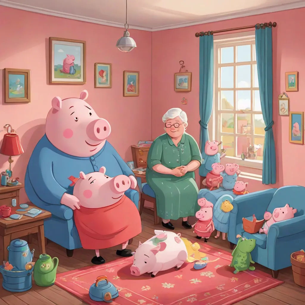 a woman sitting in a chair with a pig and other animals in a room with pink walls and a pink rug, sots art, a storybook illustration, Chris LaBrooy, promotional image