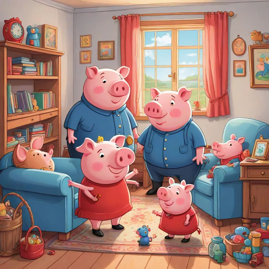 a family of pigs standing in a living room with a window in the background and a blue couch in the foreground, sots art, a storybook illustration, David Young Cameron, promotional image