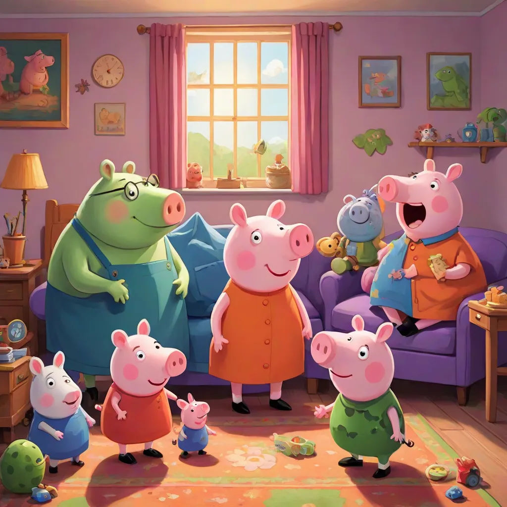 a family of peppo pig standing in a living room with a couch and a window in the background, sots art, concept art, Avgust Černigoj, official art