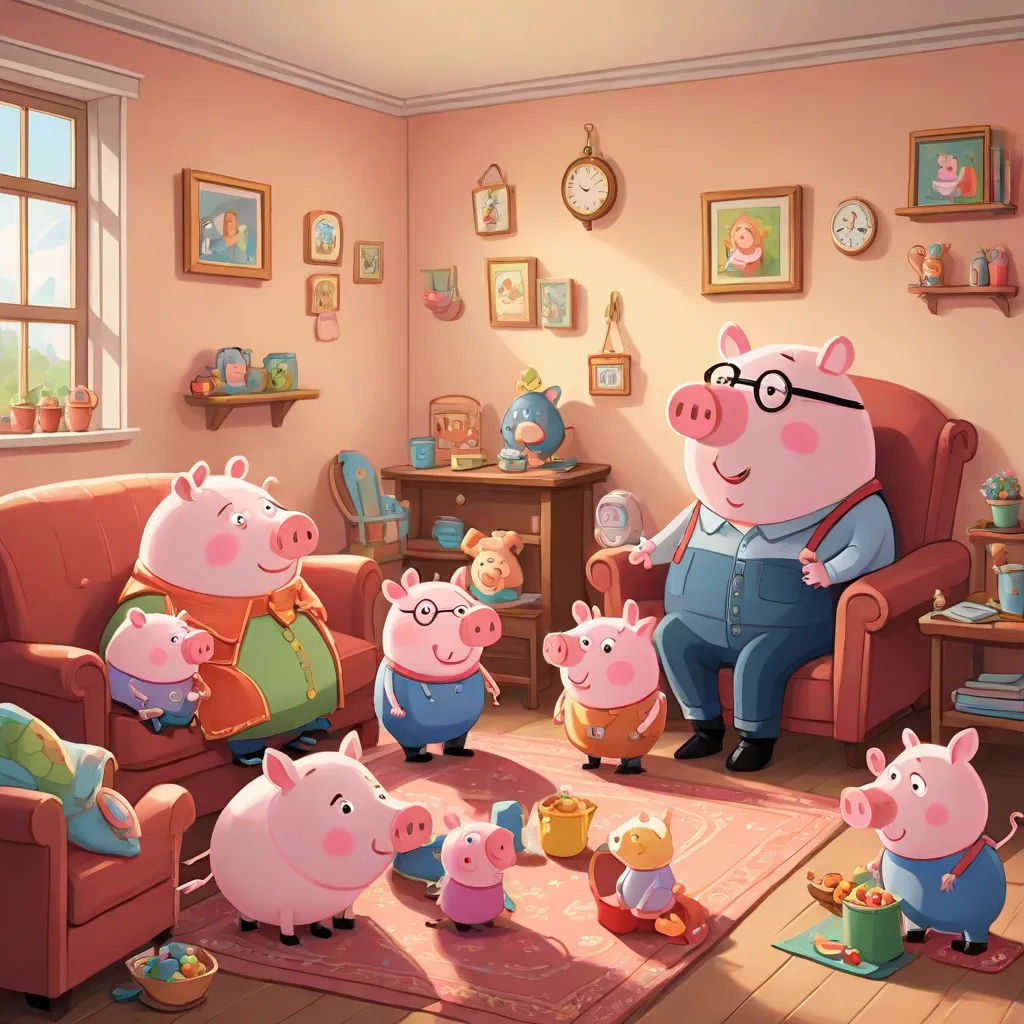 a pig family in a living room with a pig on the floor and a pig on the couch with a pig on the floor, sots art, a storybook illustration, Diego Gisbert Llorens, official art