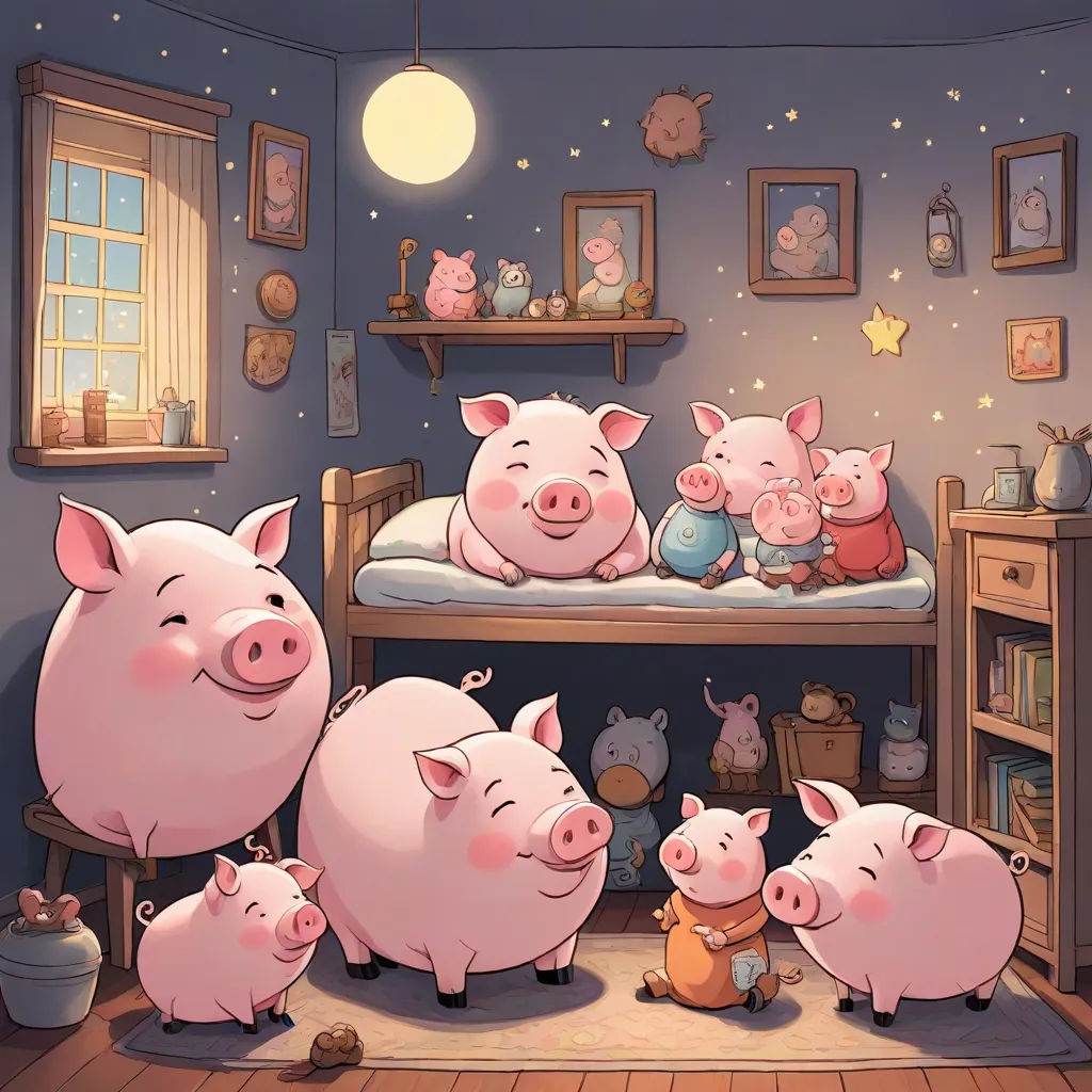 a group of pigs standing in a room with a bunk bed and a window with a starlight on it, massurrealism, a storybook illustration, Diego Gisbert Llorens, storybook illustration