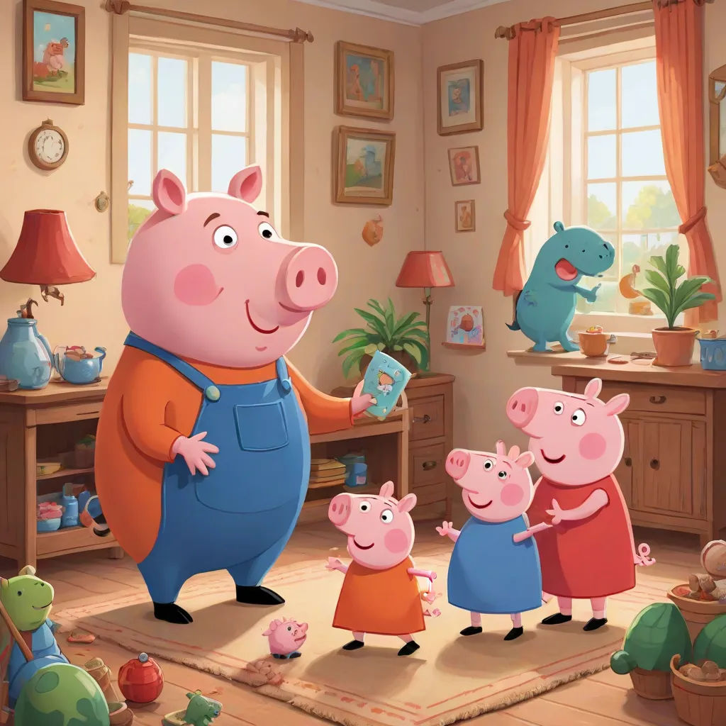 a pig family in a living room with a baby pig on the floor and a man holding a book, sots art, a storybook illustration, David Young Cameron, promotional image