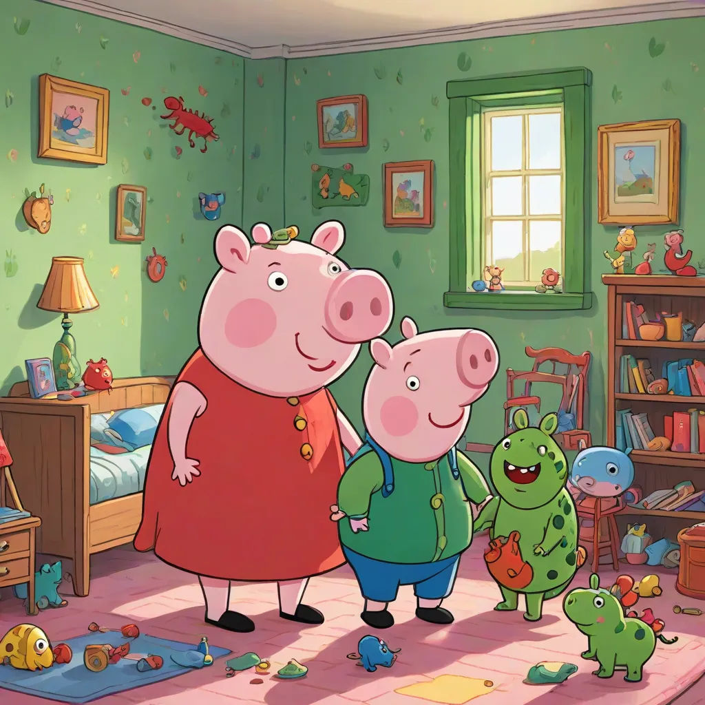 a pig and two little pigs in a room with toys and a bed in the background, and a window with a green curtain, sots art, a storybook illustration, Andries Stock, promotional image