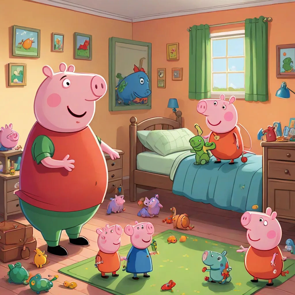 a cartoon picture of peppa pig family in a bedroom with a bed and dressers and a rug, figurativism, a storybook illustration, David Young Cameron, promotional image