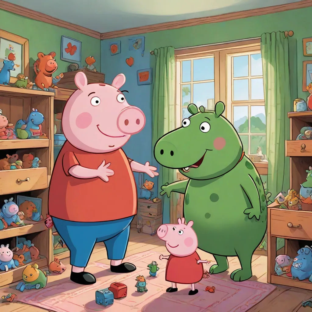 a pig and a hippo are in a room with toys and a rug on the floor and a window, sots art, concept art, Andries Stock, promotional image