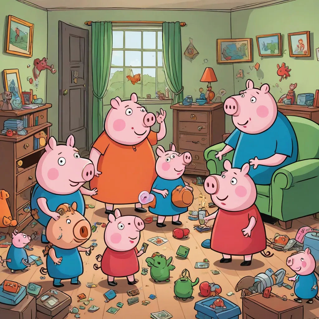 a family of pigs standing in a living room with a baby pig in the middle of the room and a man in the middle of the room, sots art, a storybook illustration, David Young Cameron, promotional image