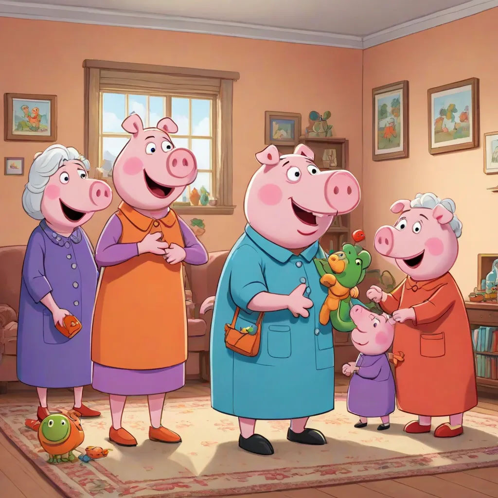 a group of people standing in a living room with pigs on the floor and a woman holding a stuffed animal, sots art, concept art, Beatrix Potter, promotional image