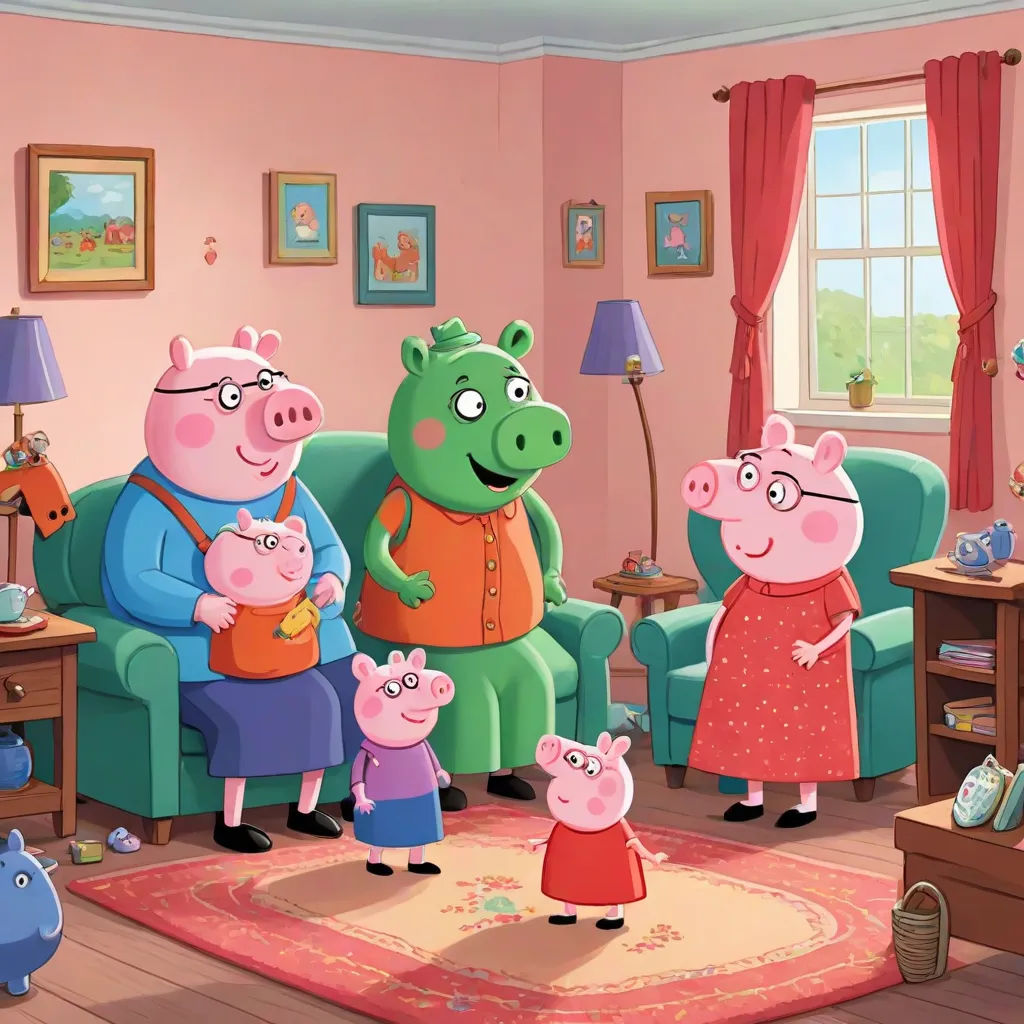 a family of pigs standing in a living room with a pig on the rug and a pig on the couch, sots art, a storybook illustration, David Young Cameron, promotional image