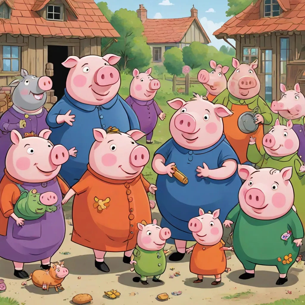 a group of pigs standing in front of a house with a pig on the other side of the pig, sots art, a storybook illustration, Andries Stock, promotional image