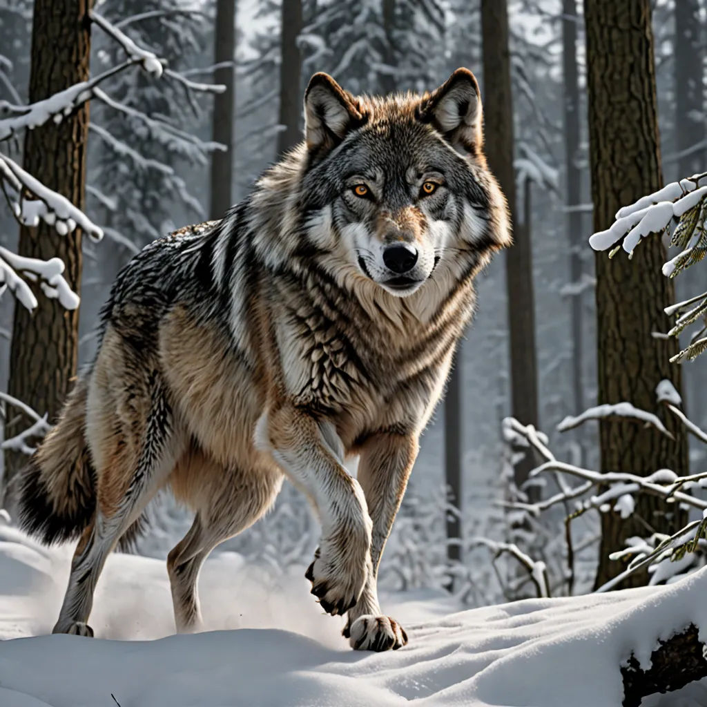a wolf is walking through the snow in a forest with trees and snow covered ground and a few branches, naturalism, a digital rendering, Caspar Wolf, wildlife photography