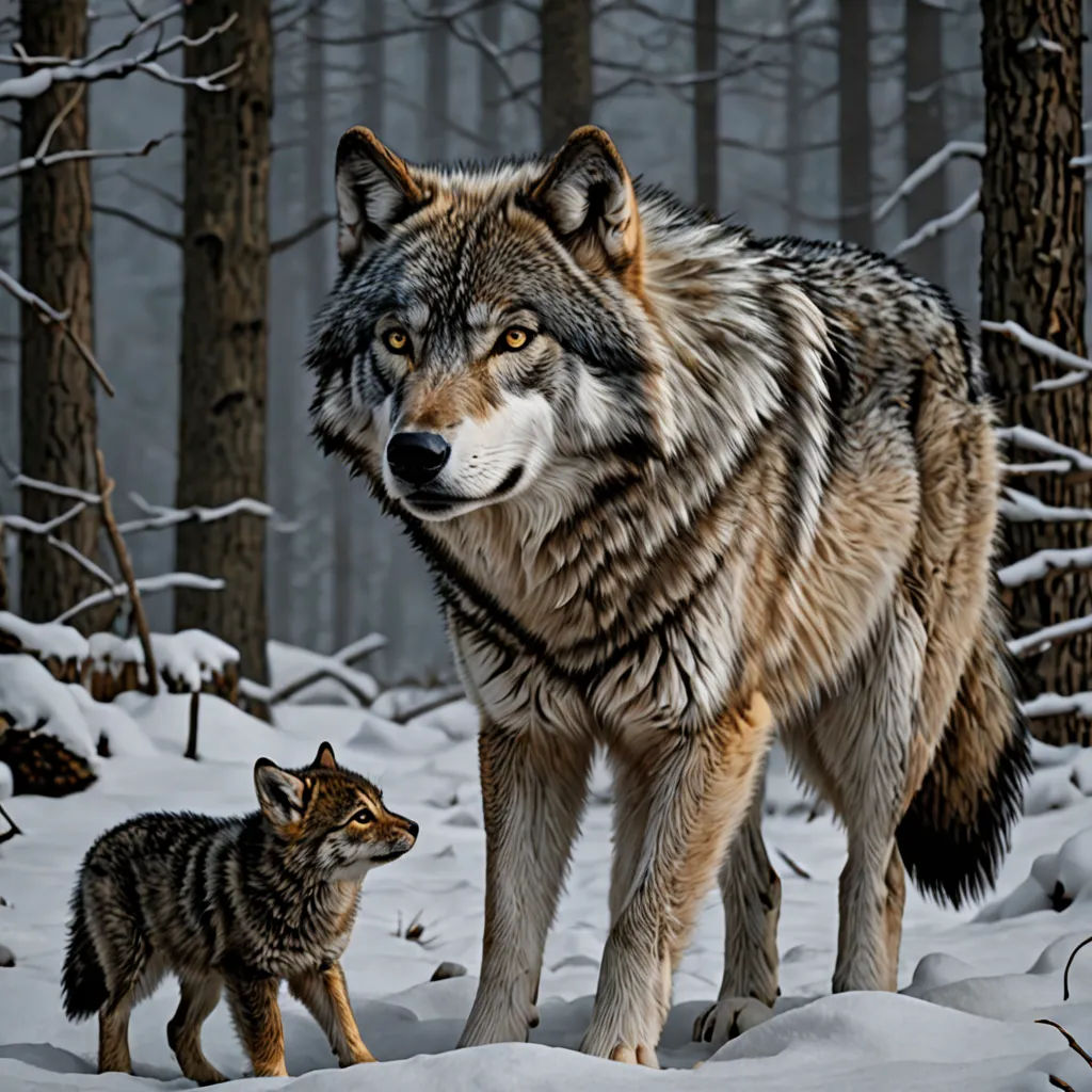 a wolf and a baby wolf in the snow in a forest with trees and snow covered ground and snow, naturalism, a digital painting, David Martin, wildlife photography