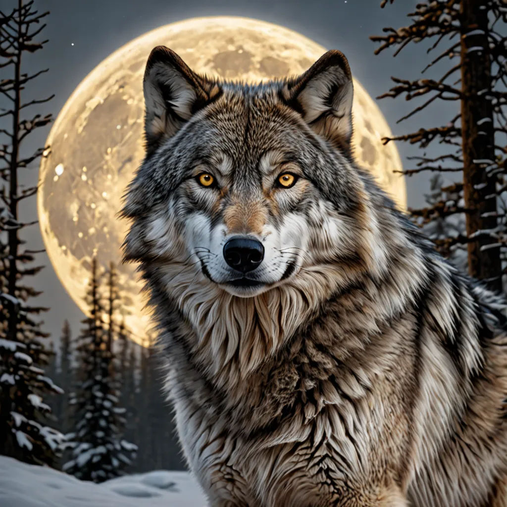 a wolf standing in the snow with a full moon in the background and trees in the foreground,, furry art, a digital rendering, Caspar Wolf, wildlife photography