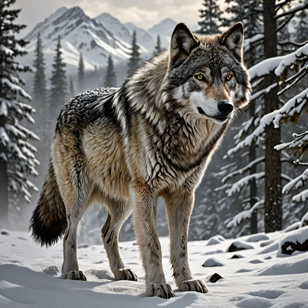 a wolf standing in the snow in front of a forest with snow covered trees and mountains in the background, naturalism, a colorized photo, Caspar Wolf, wildlife photography