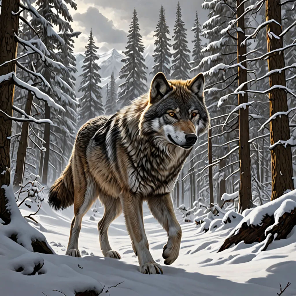 a wolf walking through a snowy forest with trees in the background and a full moon in the sky above, furry art, an airbrush painting, Dan Mumford, highly detailed digital painting