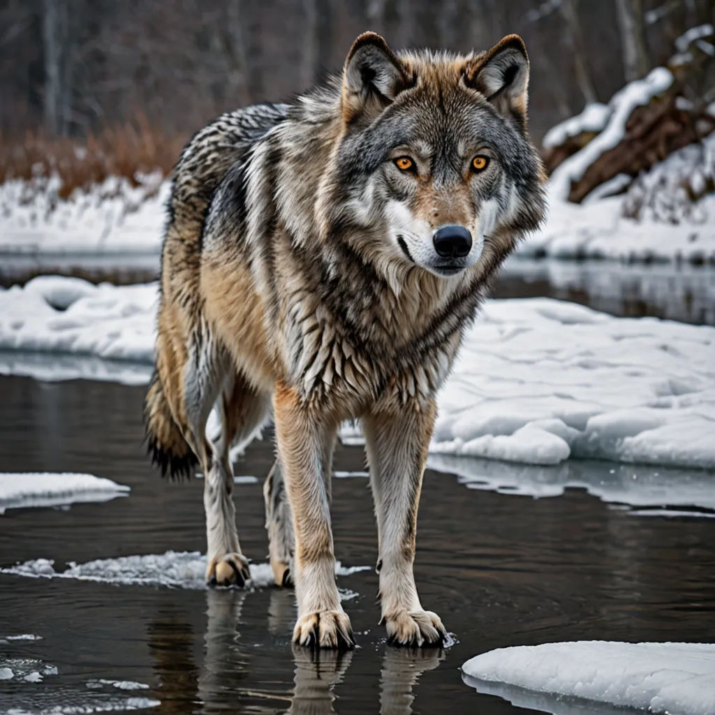 a wolf standing on a frozen river in the snow with a forest in the background and snow on the ground, naturalism, a photo, Caspar Wolf, wildlife photography