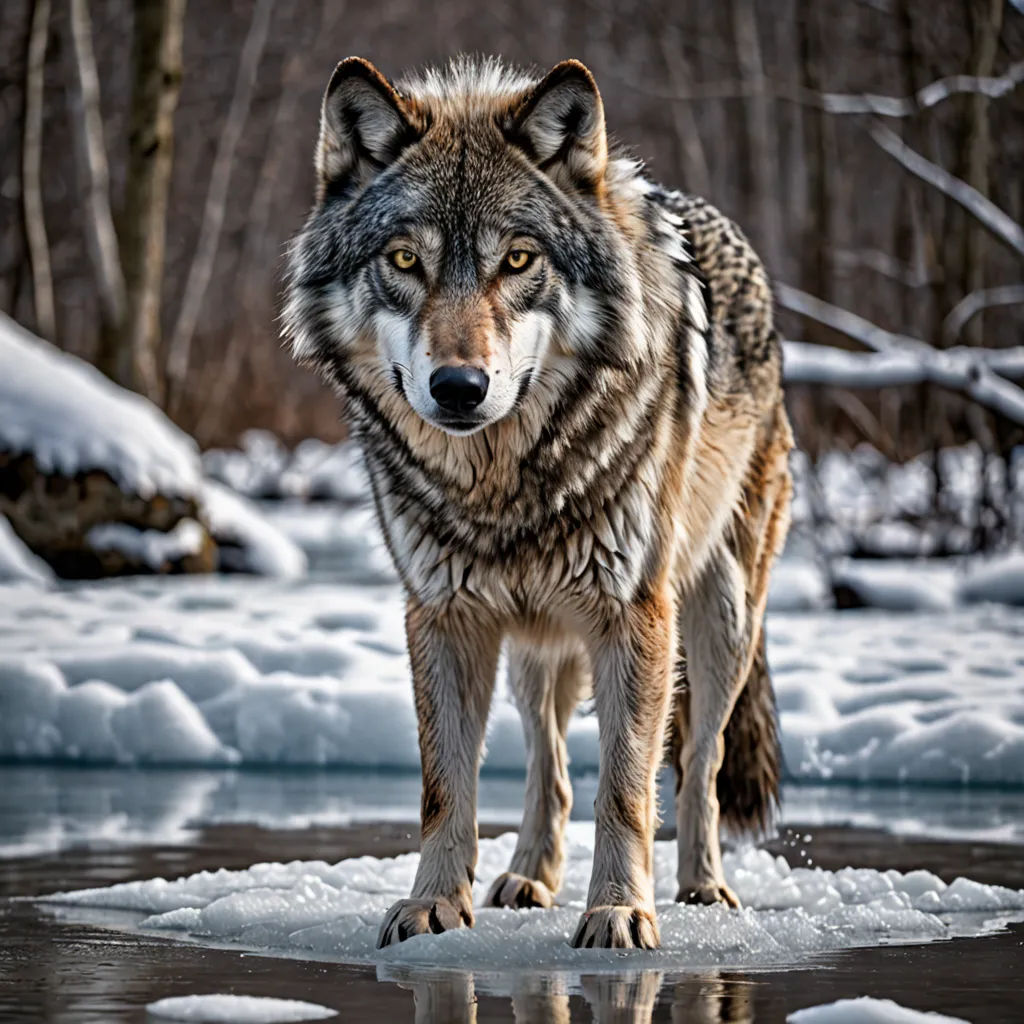 a wolf standing on a frozen lake in the woods with snow on the ground and trees in the background, naturalism, a stock photo, Caspar Wolf, wildlife photography