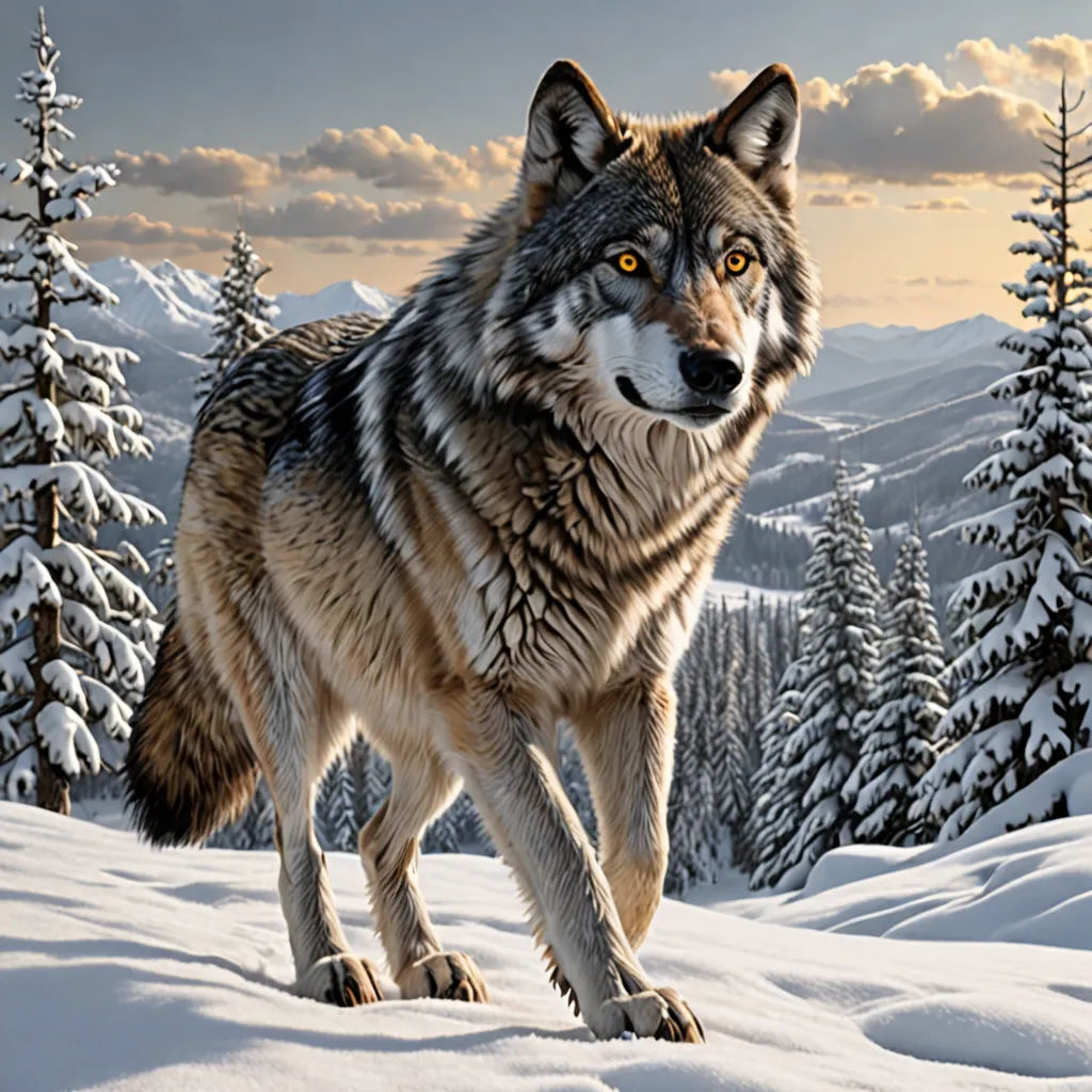 a wolf is walking through the snow in the mountains with trees in the background and a cloudy sky above, furry art, an airbrush painting, Chris LaBrooy, highly detailed digital painting